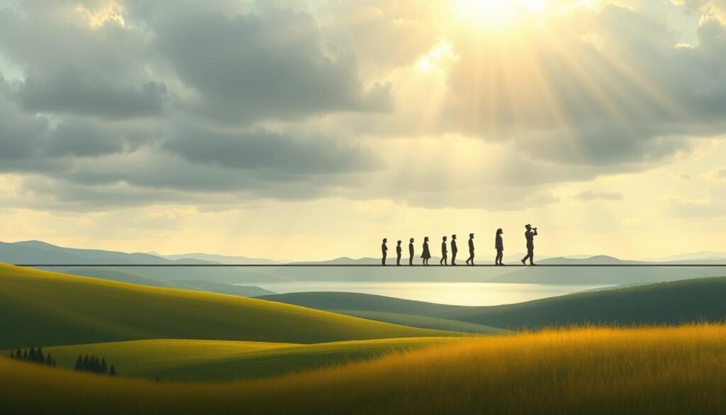 An illustration depicting the emotional well-being spectrum, showcasing a gradual transition from distress to optimal mental health. In the foreground, a serene landscape with rolling hills, a tranquil lake, and a soft, diffused lighting that creates a calming atmosphere. In the middle ground, figures representing different emotional states - from anxious and depressed to content and thriving - arranged along a continuous scale. The background features a cloudy sky with rays of light breaking through, symbolizing the ever-changing nature of mental health. The overall composition conveys a sense of balance, interconnectedness, and the understanding that mental health exists on a spectrum.