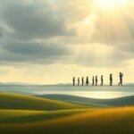 An illustration depicting the emotional well-being spectrum, showcasing a gradual transition from distress to optimal mental health. In the foreground, a serene landscape with rolling hills, a tranquil lake, and a soft, diffused lighting that creates a calming atmosphere. In the middle ground, figures representing different emotional states - from anxious and depressed to content and thriving - arranged along a continuous scale. The background features a cloudy sky with rays of light breaking through, symbolizing the ever-changing nature of mental health. The overall composition conveys a sense of balance, interconnectedness, and the understanding that mental health exists on a spectrum.