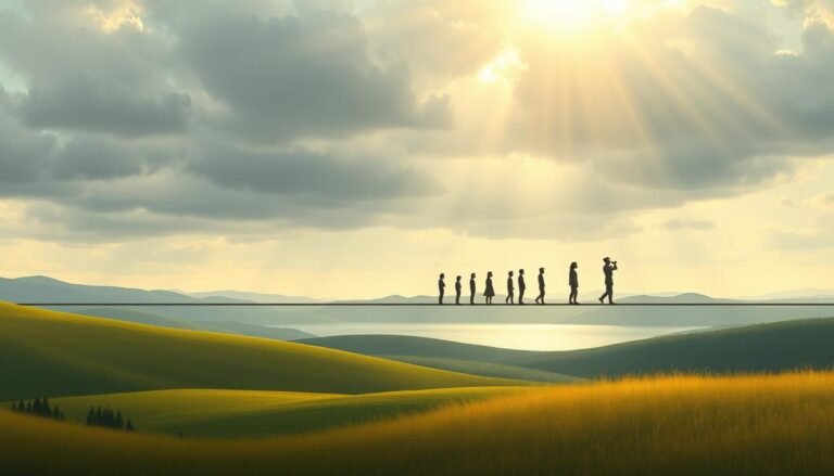 An illustration depicting the emotional well-being spectrum, showcasing a gradual transition from distress to optimal mental health. In the foreground, a serene landscape with rolling hills, a tranquil lake, and a soft, diffused lighting that creates a calming atmosphere. In the middle ground, figures representing different emotional states - from anxious and depressed to content and thriving - arranged along a continuous scale. The background features a cloudy sky with rays of light breaking through, symbolizing the ever-changing nature of mental health. The overall composition conveys a sense of balance, interconnectedness, and the understanding that mental health exists on a spectrum.