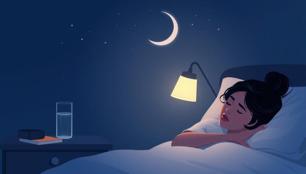 Circadian rhythm and sleep hygiene impact on wellness: A digital illustration depicting a serene, dimly-lit bedroom scene. In the foreground, a woman peacefully slumbers, her face illuminated by the soft, warm glow of a bedside lamp. The middle ground showcases a nightstand with a glass of water, a book, and a sleep tracker device, symbolizing the importance of sleep hygiene and monitoring. The background features a stylized representation of the circadian rhythm, with a crescent moon and stars against a dark, indigo sky, creating a calming, meditative atmosphere. The overall composition conveys the interconnectedness of sleep, rhythm, and wellness, with a focus on the restorative power of quality rest. Circadian rhythm and sleep hygiene impact on wellness: A digital illustration depicting a serene, dimly-lit bedroom scene. In the foreground, a woman peacefully slumbers, her face illuminated by the soft, warm glow of a bedside lamp. The middle ground showcases a nightstand with a glass of water, a book, and a sleep tracker device, symbolizing the importance of sleep hygiene and monitoring. The background features a stylized representation of the circadian rhythm, with a crescent moon and stars against a dark, indigo sky, creating a calming, meditative atmosphere. The overall composition conveys the interconnectedness of sleep, rhythm, and wellness, with a focus on the restorative power of quality rest.