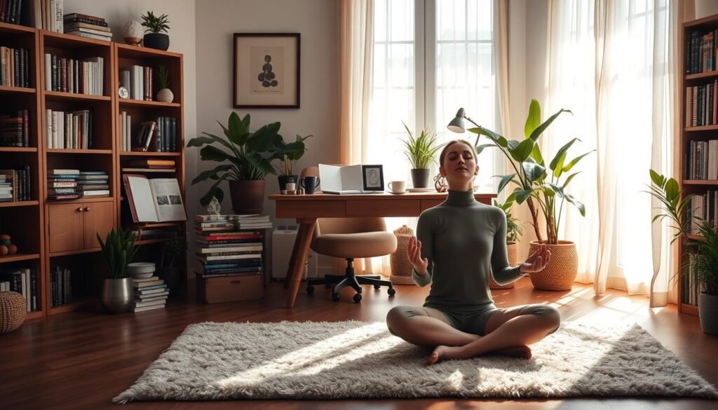 Inspirational Successful Rituals: A serene, sun-dappled study with a large wooden desk, overflowing with neatly organized journals, crystals, and a steaming mug of tea. Soft, diffused lighting filters through sheer curtains, casting a warm, contemplative glow. In the foreground, a person sits cross-legged on a plush rug, eyes closed, practicing mindful meditation. Potted plants and a bookshelf filled with self-improvement titles line the walls, creating a nurturing, introspective atmosphere. The overall scene radiates a sense of harmony, focus, and personal growth, capturing the essence of transformative daily rituals.