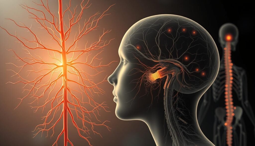 Polyvagal theory: a detailed illustration of the nervous system's intricate interplay, with the parasympathetic and sympathetic branches elegantly depicted. In the foreground, the vagus nerve's calming influence radiates, its intricate pathways guiding emotional regulation. The middle ground showcases the limbic system, the emotional command center, pulsing with neural activity. In the background, the spinal cord and sympathetic nervous system stand as the foundations, powering physiological responses. Soft, muted tones create a contemplative atmosphere, inviting the viewer to explore the delicate balance that shapes our emotional landscape. Rendered with a photorealistic style, the image captures the dynamic complexity of the nervous system's role in mood and well-being.