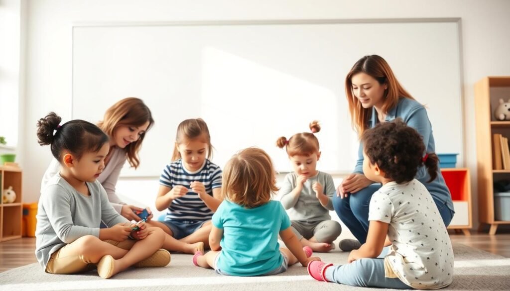 Prompt A crisp, well-lit classroom setting, with an expansive whiteboard wall in the background. In the foreground, a cluster of three children engaged in various therapeutic activities - one working with an occupational therapist on fine motor skills, another collaborating with a speech therapist on communication exercises, and the third participating in a behavioral therapy session with a caring, attentive specialist. The scene conveys a sense of structure, focus, and gentle guidance, capturing the essence of early intervention and the complementary roles of occupational therapy, speech therapy, and behavior therapy. The lighting is soft and natural, creating a warm, inviting atmosphere that encourages learning and growth.
