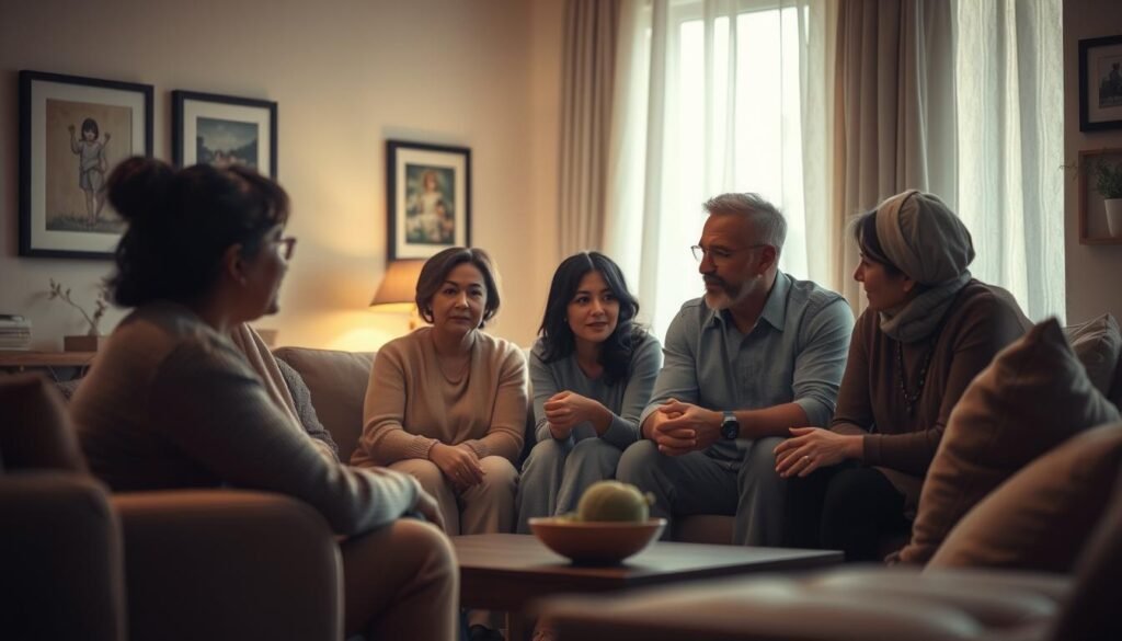 Soft-lit scene depicting a warm, inviting living room with a group of people gathered around a coffee table, engaged in deep conversation. In the foreground, a mother and father sitting closely, listening intently to a group of friends and family members. Varied ages and ethnicities represented, symbolizing a diverse, inclusive support network. Muted, earthy tones create a sense of comfort and belonging. Indirect lighting casts a gentle glow, evoking a nurturing, safe atmosphere. Framed artwork and family photos on the walls hint at the shared history and emotional connection. An open, compassionate energy permeates the space, conveying the power of community to uplift and sustain.