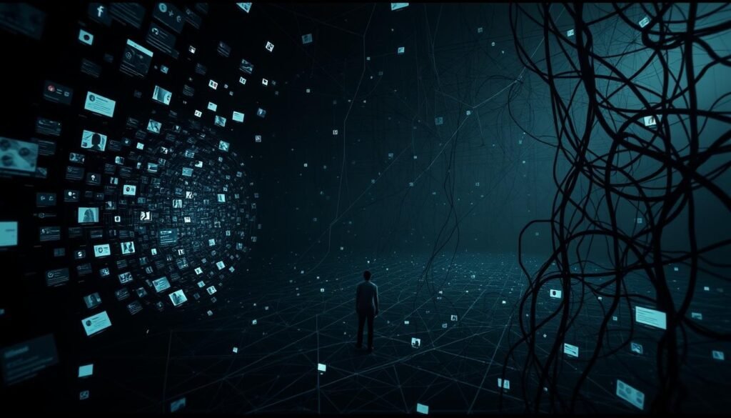 A dark, claustrophobic digital landscape with a tightly-woven maze of social media feeds and algorithms. In the foreground, a lone figure is trapped within a distorted, recursive feed, their attention consumed by an endless cycle of confirmation bias. The middle ground is a tangled web of data streams, echoing chambers, and personalized content, obscuring any semblance of objective reality. The background is a bleak, monochromatic void, hinting at the isolation and disconnect fostered by these insular digital spaces. Dramatic chiaroscuro lighting, with stark contrasts and deep shadows, conveys the oppressive nature of this algorithmic entrapment. The overall mood is one of disorientation, anxiety, and the loss of individual agency within the social media paradigm. A dark, claustrophobic digital landscape with a tightly-woven maze of social media feeds and algorithms. In the foreground, a lone figure is trapped within a distorted, recursive feed, their attention consumed by an endless cycle of confirmation bias. The middle ground is a tangled web of data streams, echoing chambers, and personalized content, obscuring any semblance of objective reality. The background is a bleak, monochromatic void, hinting at the isolation and disconnect fostered by these insular digital spaces. Dramatic chiaroscuro lighting, with stark contrasts and deep shadows, conveys the oppressive nature of this algorithmic entrapment. The overall mood is one of disorientation, anxiety, and the loss of individual agency within the social media paradigm.