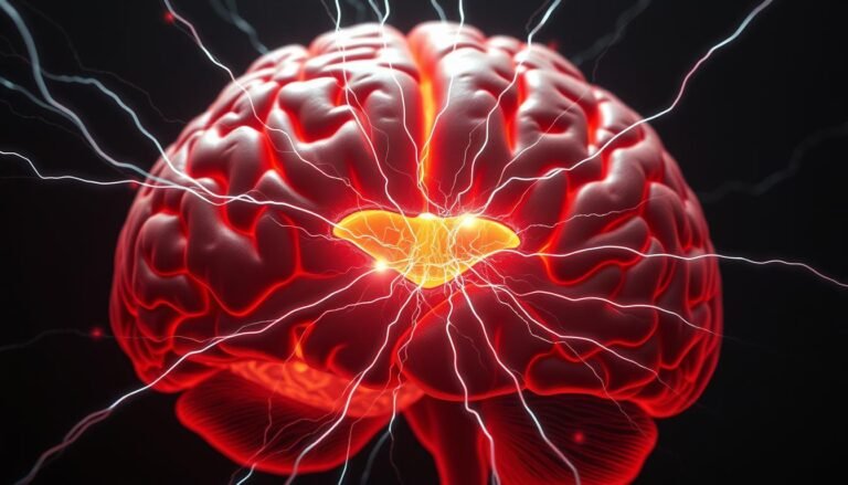 A detailed cross-section of the human brain, focused on the amygdala region. The amygdala is highlighted, pulsing with intense neural activity in response to a stressful stimulus. The surrounding brain tissue is rendered with intricate detail, revealing the complex neural pathways. Warm hues of red and orange emanate from the amygdala, conveying the heightened emotional response. Bright white lines trace the firing synapses, creating a dynamic, almost electric atmosphere. The image is lit from above, casting dramatic shadows that emphasize the 3D anatomy. The perspective is slightly angled, providing an immersive, almost surgical view into the inner workings of the stressed brain.