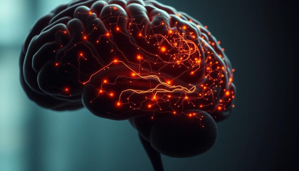 A detailed cross-section of the human brain, showcasing the complex neural pathways and adaptations that enable psychological resilience. Glowing synaptic connections and neurotransmitter flows in the prefrontal cortex, amygdala, and hippocampus, representing the intricate dance of neuroplasticity in response to stress. Warm, diffused lighting casts a contemplative mood, while a shallow depth of field draws the viewer's attention to the dynamic interplay of brain regions. Rendered in a realistic, scientific illustration style with a subtle color palette, emphasizing the beauty and wonder of the brain's resilience-building mechanisms.