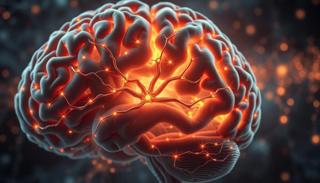 A detailed cross-section of the human brain, showcasing the intricate neural pathways and networks that adapt and reorganize in response to stress. The foreground features vibrant, pulsing synaptic connections weaving through intricate gray matter, reflecting the dynamic process of neuroplasticity. The middle ground depicts a neural network branching and expanding, representing the brain's ability to form new pathways and strengthen existing ones. In the background, a hazy, ethereal landscape of neural impulses and electrical activity suggests the brain's remarkable capacity for resilience and adaptation under stress. Lit by a warm, golden glow, the scene conveys a sense of vitality, growth, and the brain's innate power to transform and thrive.