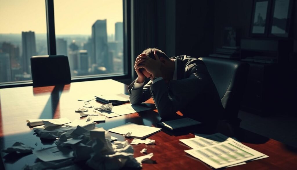 A dimly lit boardroom, a single businessman sits at a mahogany table, head in his hands, surrounded by scattered financial reports and crumpled pages. The lighting casts long shadows, creating a somber atmosphere, as he grapples with the consequences of a failed investment, unable to let go of the sunk cost. In the background, a large window offers a glimpse of a bustling city skyline, a stark contrast to the inward-looking decision-making happening within. The scene conveys a sense of regret, frustration, and the weight of a decision made in haste, now difficult to abandon despite the mounting evidence of its futility. A dimly lit boardroom, a single businessman sits at a mahogany table, head in his hands, surrounded by scattered financial reports and crumpled pages. The lighting casts long shadows, creating a somber atmosphere, as he grapples with the consequences of a failed investment, unable to let go of the sunk cost. In the background, a large window offers a glimpse of a bustling city skyline, a stark contrast to the inward-looking decision-making happening within. The scene conveys a sense of regret, frustration, and the weight of a decision made in haste, now difficult to abandon despite the mounting evidence of its futility.