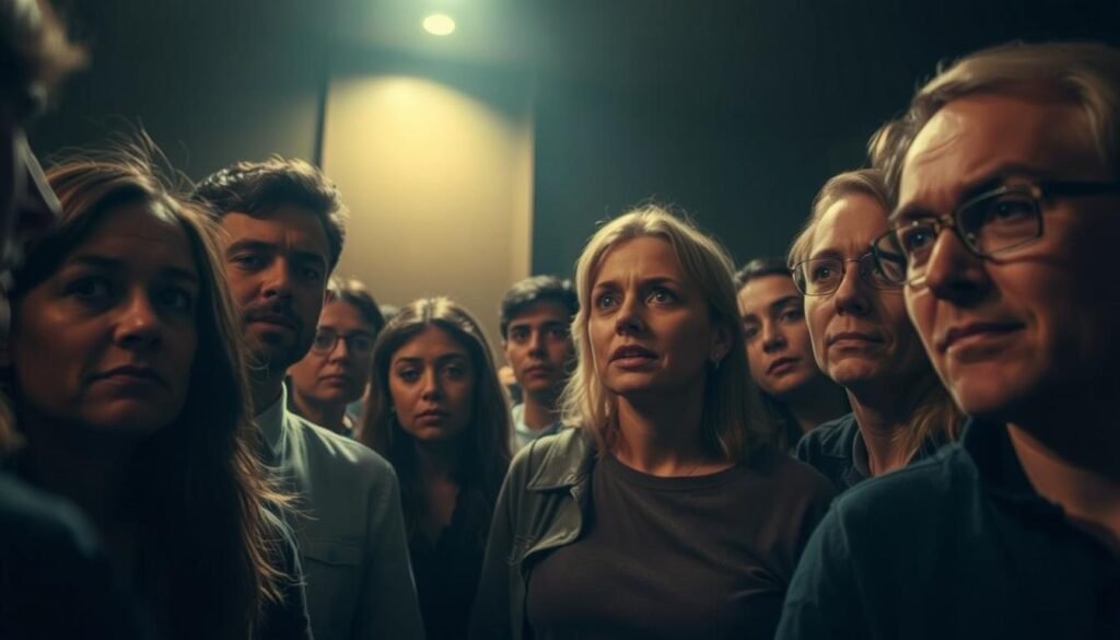 A group of individuals gathered in a dimly lit room, their faces expressing a range of emotions - curiosity, apprehension, and a subtle sense of social pressure. The scene is captured in a cinematic, low-angle perspective, creating a sense of tension and the weight of group dynamics. Warm, muted tones permeate the environment, suggesting a contemplative atmosphere. The figures are positioned in a way that emphasizes their interconnectedness, with subtle gestures and body language hinting at the underlying social influences at play. The lighting casts dramatic shadows, adding depth and a sense of introspection to the scene. A group of individuals gathered in a dimly lit room, their faces expressing a range of emotions - curiosity, apprehension, and a subtle sense of social pressure. The scene is captured in a cinematic, low-angle perspective, creating a sense of tension and the weight of group dynamics. Warm, muted tones permeate the environment, suggesting a contemplative atmosphere. The figures are positioned in a way that emphasizes their interconnectedness, with subtle gestures and body language hinting at the underlying social influences at play. The lighting casts dramatic shadows, adding depth and a sense of introspection to the scene.