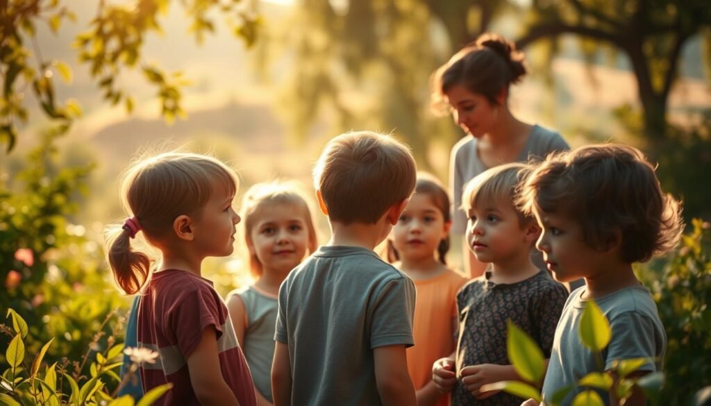 A serene, sun-dappled scene of young children exploring their moral compass. In the foreground, a group of kids - their faces full of wonder and curiosity - stand in a lush, verdant garden, contemplating the concept of honesty. Their expressions are a tapestry of innocence and burgeoning understanding. In the middle ground, a teacher figure gently guides them, facilitating the growth of their moral awareness through thoughtful conversation and gentle encouragement. The background is a softly blurred landscape, hinting at the broader context of cognitive and emotional development. Warm, golden light bathes the scene, lending a sense of nurturing and authenticity. The overall atmosphere evokes the foundational stages of moral awakening in early childhood.
