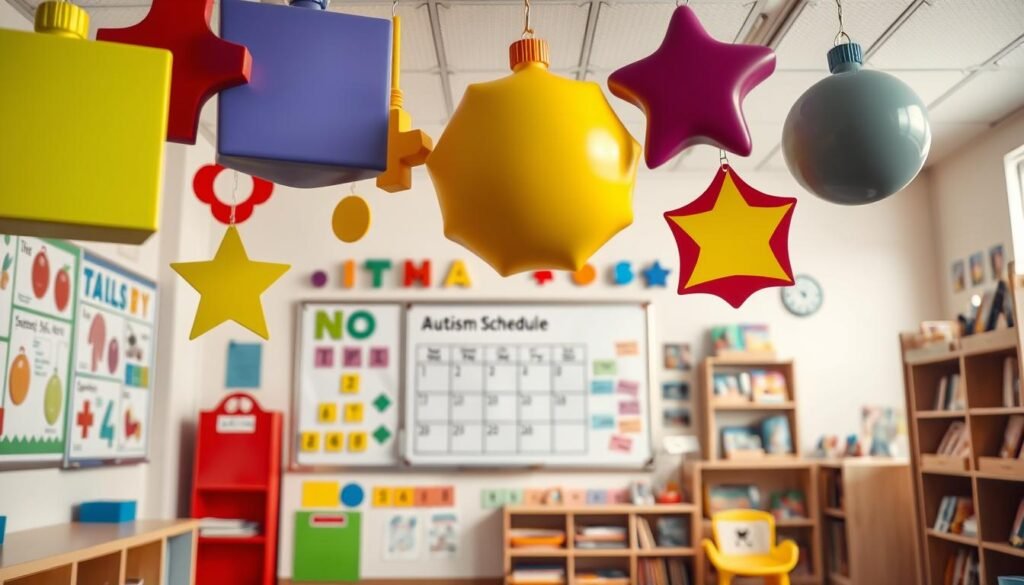 A colorful and vibrant classroom scene with various visual aids designed for autistic children. In the foreground, large, simplified shapes and symbols in primary colors hang from the ceiling, inviting tactile interaction. In the middle ground, a whiteboard displays a clear daily schedule with pictograms, while a sensory wall features different textures and patterns. In the background, a cozy reading nook is surrounded by shelves filled with picture books and visual story cards. Soft, diffused lighting sets a calming, inclusive atmosphere, and the overall composition emphasizes the importance of multisensory learning for autistic students. A colorful and vibrant classroom scene with various visual aids designed for autistic children. In the foreground, large, simplified shapes and symbols in primary colors hang from the ceiling, inviting tactile interaction. In the middle ground, a whiteboard displays a clear daily schedule with pictograms, while a sensory wall features different textures and patterns. In the background, a cozy reading nook is surrounded by shelves filled with picture books and visual story cards. Soft, diffused lighting sets a calming, inclusive atmosphere, and the overall composition emphasizes the importance of multisensory learning for autistic students.