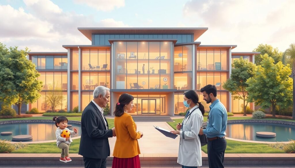 A detailed architectural illustration of a modern, energy-efficient office building with a warm, inviting atmosphere. The foreground features a group of diverse individuals - a family with a child, an elderly couple, and a young professional - consulting with a healthcare provider about insurance coverage for neurodevelopmental disorder assistance. The middle ground showcases an array of healthcare services and support resources available, while the background depicts a serene, park-like setting with lush greenery and a calming water feature. The lighting is soft and diffused, creating a sense of comfort and care. The overall composition conveys a message of accessibility, empowerment, and comprehensive support for those navigating the complexities of insurance coverage for autism services.