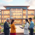 A detailed architectural illustration of a modern, energy-efficient office building with a warm, inviting atmosphere. The foreground features a group of diverse individuals - a family with a child, an elderly couple, and a young professional - consulting with a healthcare provider about insurance coverage for neurodevelopmental disorder assistance. The middle ground showcases an array of healthcare services and support resources available, while the background depicts a serene, park-like setting with lush greenery and a calming water feature. The lighting is soft and diffused, creating a sense of comfort and care. The overall composition conveys a message of accessibility, empowerment, and comprehensive support for those navigating the complexities of insurance coverage for autism services.