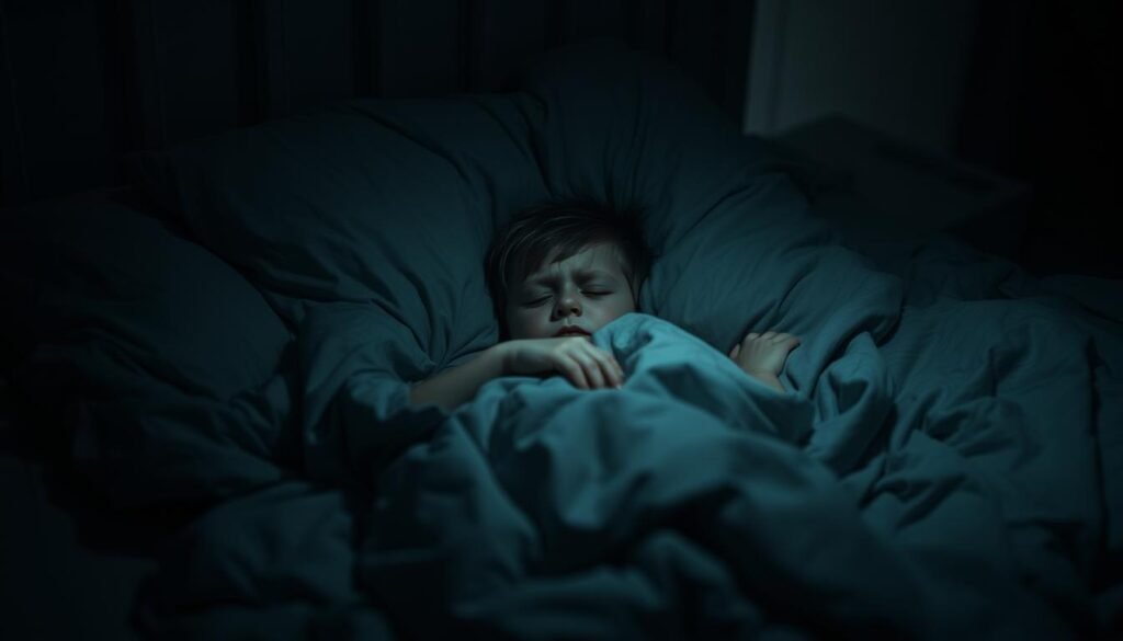 A dimly lit bedroom, with a child tossing and turning in a tangle of sheets, their face etched with distress. Muted colors, muted lighting, conveying the sense of sensory overload and difficulty finding rest. Soft textures in the bedding and surrounding environment, yet the child's body language suggests a struggle to find comfort. The room is hazy, the atmosphere heavy, as if the child's perception of the world is filtered through a lens of sensory processing challenges. Subtle hints of autism-associated traits, such as fidgeting or peculiar sleep postures, further illustrate the unique challenges this child faces at bedtime. A dimly lit bedroom, with a child tossing and turning in a tangle of sheets, their face etched with distress. Muted colors, muted lighting, conveying the sense of sensory overload and difficulty finding rest. Soft textures in the bedding and surrounding environment, yet the child's body language suggests a struggle to find comfort. The room is hazy, the atmosphere heavy, as if the child's perception of the world is filtered through a lens of sensory processing challenges. Subtle hints of autism-associated traits, such as fidgeting or peculiar sleep postures, further illustrate the unique challenges this child faces at bedtime.