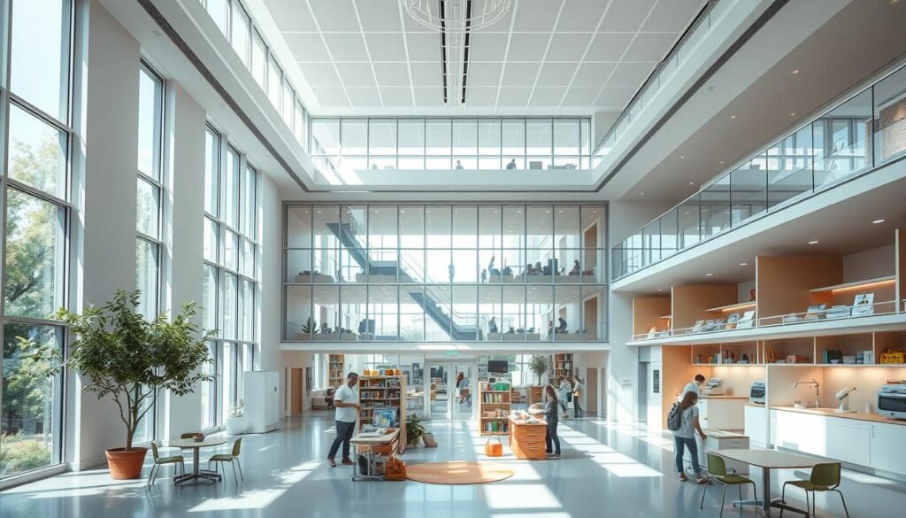 A modern, light-filled research facility designed to provide a calming, supportive environment for autistic children. The building features a clean, minimalist exterior with large windows that flood the interior with natural light. Inside, the spaces are organized around a central atrium with soothing colors, soft textures, and carefully curated sensory elements to engage and stimulate the children's senses. Researchers work in well-equipped labs on the upper floors, while the ground level offers recreational areas, therapy rooms, and quiet spaces for the young participants. The overall atmosphere is one of safety, comfort, and scientific inquiry, fostering an optimal setting for groundbreaking brain research on autism.
