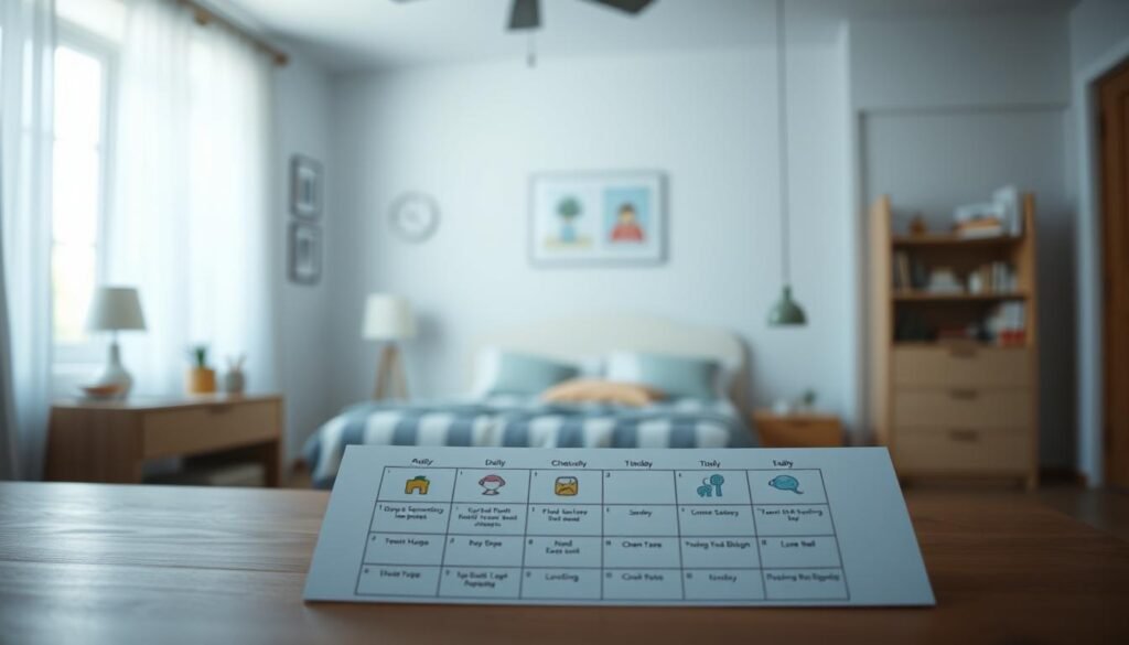 A neatly organized visual schedule depicting the daily routine for a child with autism. The foreground features a clean, minimalist layout with colorful icons and clear labels for each activity, arranged in a logical sequence. The middle ground showcases the child's bedroom, with soothing pastel walls, a cozy bed, and simple furnishings. The background presents a soft, blurred view of the child's home, conveying a sense of comfort and familiarity. The lighting is gentle, creating a calming atmosphere that promotes focus and a smooth transition between tasks. The overall mood is one of structure, clarity, and understanding, reflecting the importance of predictable routines for individuals on the autism spectrum.
