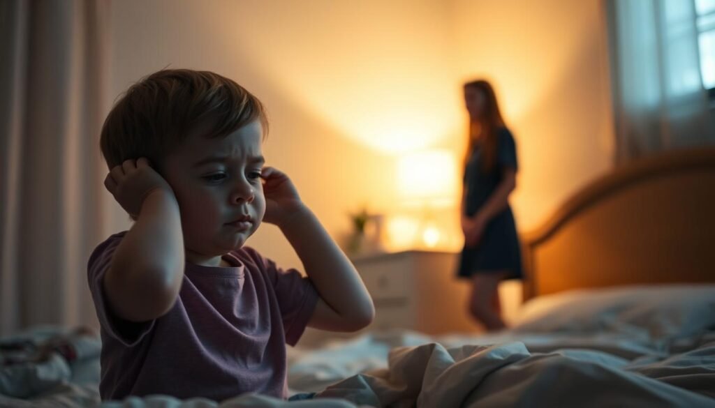 A nighttime bedroom scene illuminated by a soft, warm glow from a bedside lamp. In the foreground, a child with autism spectrum disorder (ASD) exhibits common bedtime behaviors - fidgeting, rocking, or covering their ears. Their facial expression conveys a sense of distress or overstimulation. In the middle ground, the child's caregiver approaches with a gentle, empathetic demeanor, offering comfort and reassurance. The background is subtly blurred, conveying a sense of tranquility and intimacy. The overall mood is one of understanding and support, capturing the essence of recognizing and addressing ASD-related bedtime struggles. A nighttime bedroom scene illuminated by a soft, warm glow from a bedside lamp. In the foreground, a child with autism spectrum disorder (ASD) exhibits common bedtime behaviors - fidgeting, rocking, or covering their ears. Their facial expression conveys a sense of distress or overstimulation. In the middle ground, the child's caregiver approaches with a gentle, empathetic demeanor, offering comfort and reassurance. The background is subtly blurred, conveying a sense of tranquility and intimacy. The overall mood is one of understanding and support, capturing the essence of recognizing and addressing ASD-related bedtime struggles.