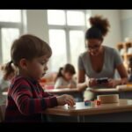 A peaceful, well-lit classroom setting with a group of diverse children engaged in various activities. In the foreground, a young child with autism spectrum characteristics sits at a desk, focused on a tactile manipulative. Gentle lighting filters in through large windows, creating a calming atmosphere. The middle ground features a teacher or therapist providing one-on-one support, guiding the child's learning. In the background, other students work collaboratively, demonstrating the inclusive nature of the environment. The scene conveys a sense of understanding, empathy, and the tailored support needed for a child with Level 1 autism characteristics to thrive in an educational setting.