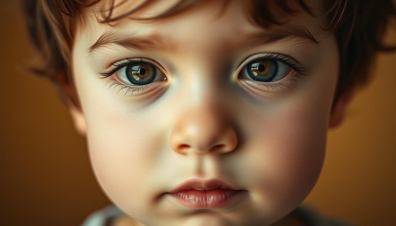A serene, close-up portrait of a young child's face, with gentle, thoughtful eyes and a slight, pensive expression. The child's features are softly lit, creating a sense of introspection and inner world. The background is a warm, neutral tone, allowing the subject to be the focal point. The lighting is natural, with soft shadows and highlights that accentuate the child's delicate features. The lens is close, creating a sense of intimacy and connection with the viewer. The overall mood is contemplative, inviting the viewer to consider the unique perspective and experience of a child on the autism spectrum.