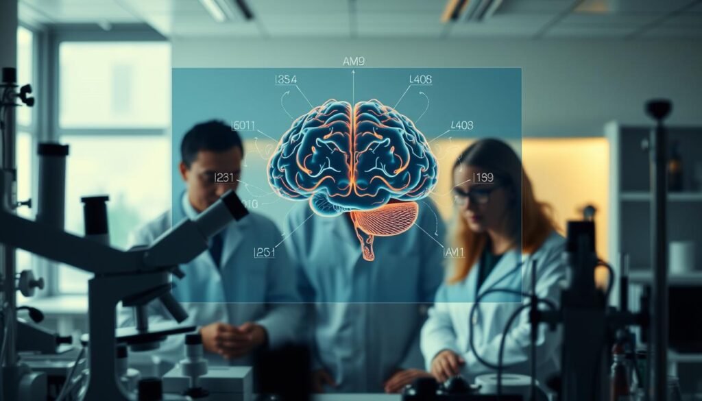 A serene, well-lit laboratory setting with a focus on a central brain diagram. The diagram showcases the complex neural pathways and patterns associated with autism spectrum disorders, highlighting the science of predictability in brain processing. The foreground features various scientific instruments, including a microscope and neuroimaging equipment, suggesting an in-depth analysis of the subject matter. The middle ground depicts researchers intently studying the brain diagram, their expressions conveying deep contemplation. The background is softly blurred, maintaining the attention on the central focal point. The overall atmosphere is one of scientific inquiry and understanding, reflecting the importance of structure and routine for autistic individuals.