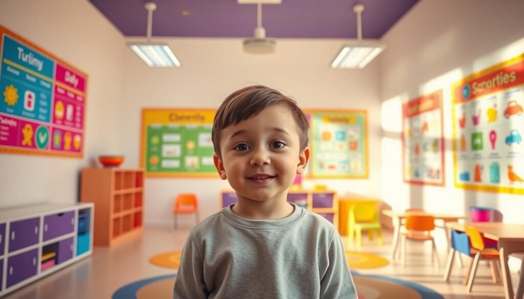 A warm, inviting classroom setting with colorful picture schedules displayed prominently on the walls. The schedules feature clear, simple icons representing various daily activities, arranged in a logical sequence. The images are vibrant and engaging, designed to capture the attention of autistic children. The lighting is soft and natural, creating a calming atmosphere. The camera is positioned at a child's eye level, emphasizing the accessibility and user-friendliness of the visual aids. The overall composition conveys a sense of structure, routine, and support - essential elements for autistic children's learning and development. A warm, inviting classroom setting with colorful picture schedules displayed prominently on the walls. The schedules feature clear, simple icons representing various daily activities, arranged in a logical sequence. The images are vibrant and engaging, designed to capture the attention of autistic children. The lighting is soft and natural, creating a calming atmosphere. The camera is positioned at a child's eye level, emphasizing the accessibility and user-friendliness of the visual aids. The overall composition conveys a sense of structure, routine, and support - essential elements for autistic children's learning and development.