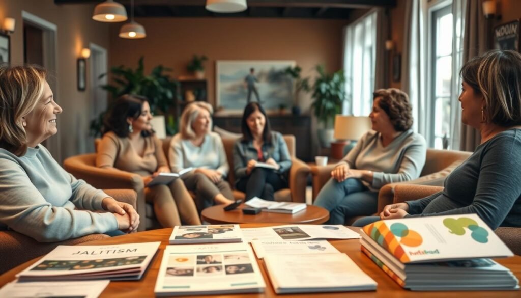 A warm, welcoming community center with comfortable seating and inviting decor. In the foreground, a group of parents engaged in discussion, their faces alight with understanding and camaraderie. The middle ground features informative pamphlets, brochures, and resource materials neatly arranged on a table, conveying the wealth of support available. The background showcases a softly lit, cozy environment with soothing earth-toned walls, natural lighting, and potted plants, creating a sense of tranquility and safety. The overall atmosphere radiates inclusivity, empathy, and a shared journey of navigating the challenges and joys of parenting a child with autism. A warm, welcoming community center with comfortable seating and inviting decor. In the foreground, a group of parents engaged in discussion, their faces alight with understanding and camaraderie. The middle ground features informative pamphlets, brochures, and resource materials neatly arranged on a table, conveying the wealth of support available. The background showcases a softly lit, cozy environment with soothing earth-toned walls, natural lighting, and potted plants, creating a sense of tranquility and safety. The overall atmosphere radiates inclusivity, empathy, and a shared journey of navigating the challenges and joys of parenting a child with autism.