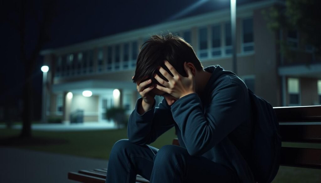 A young student sits on a bench, head in hands, overwhelmed by sensory overload after a busy school day. The dim lighting and muted colors convey a sense of exhaustion and withdrawal. In the background, the school building looms, a reminder of the demanding environment just left behind. The student's posture, hunched and tense, suggests the weight of social and academic pressures. A soft, shallow depth of field gently blurs the surroundings, focusing the viewer's attention on the student's internal struggle to find calm and composure during this transitional moment.