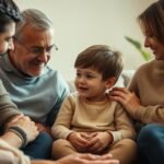 Warm-hearted family gathered around a young child on the autism spectrum, their expressions radiating support and understanding. A cozy, comforting living room scene, with soft lighting and muted tones. The child sits at the center, surrounded by loved ones offering guidance and reassurance through their gestures and body language. In the background, soothing textures and subtle details create a sense of safety and belonging. An uplifting, emotionally resonant image that captures the essence of the autism spectrum support journey.