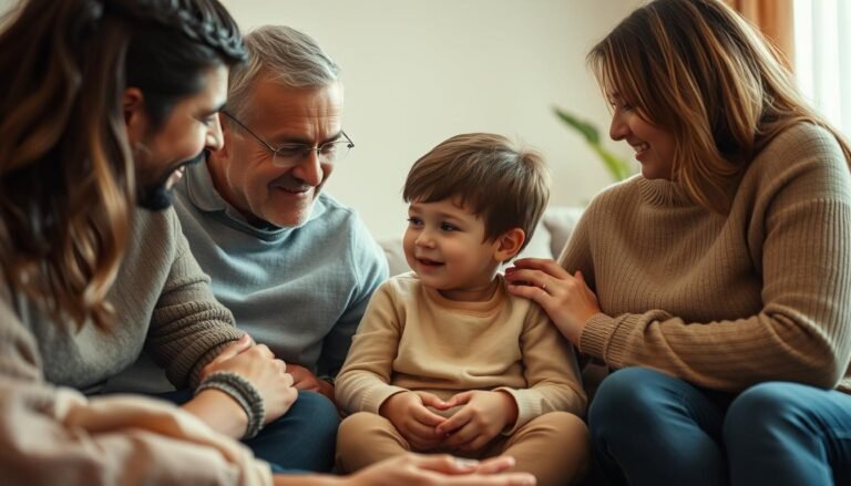 Warm-hearted family gathered around a young child on the autism spectrum, their expressions radiating support and understanding. A cozy, comforting living room scene, with soft lighting and muted tones. The child sits at the center, surrounded by loved ones offering guidance and reassurance through their gestures and body language. In the background, soothing textures and subtle details create a sense of safety and belonging. An uplifting, emotionally resonant image that captures the essence of the autism spectrum support journey.