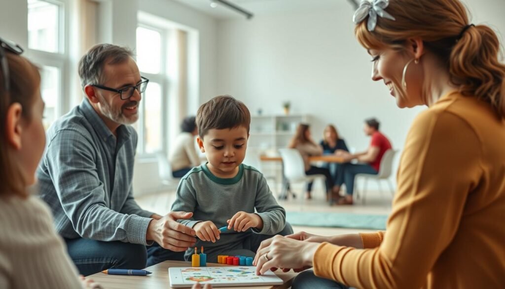 a detailed, photorealistic scene of a parent training session for autism support, set in a warm, inviting and modern learning environment. The foreground features a parent and a child with autism engaged in a one-on-one interactive learning activity, with the parent guiding and encouraging the child's participation. The middle ground shows a small group of parents and professionals gathered around a table, discussing strategies and techniques. The background depicts a spacious, well-lit room with floor-to-ceiling windows, natural lighting, and soothing pastel-colored walls. The overall atmosphere conveys a sense of care, understanding, and community support. a detailed, photorealistic scene of a parent training session for autism support, set in a warm, inviting and modern learning environment. The foreground features a parent and a child with autism engaged in a one-on-one interactive learning activity, with the parent guiding and encouraging the child's participation. The middle ground shows a small group of parents and professionals gathered around a table, discussing strategies and techniques. The background depicts a spacious, well-lit room with floor-to-ceiling windows, natural lighting, and soothing pastel-colored walls. The overall atmosphere conveys a sense of care, understanding, and community support.