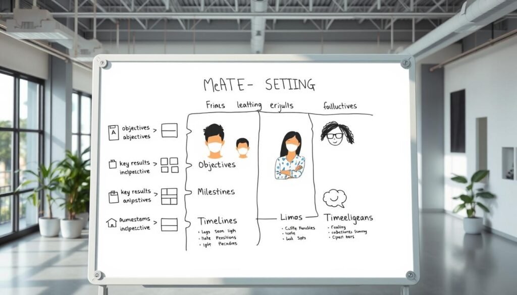 A bright, crisp digital illustration depicting a goal setting framework for remote teams. In the foreground, a clean and minimalist whiteboard with hand-drawn icons and shapes representing key elements of the framework - objectives, key results, milestones, and timelines. The middle ground features a diverse group of remote workers collaborating virtually, their faces obscured to maintain focus on the framework. The background showcases a modern, open-concept office space with large windows letting in natural light. The overall mood is one of productivity, clarity, and a sense of collective purpose.