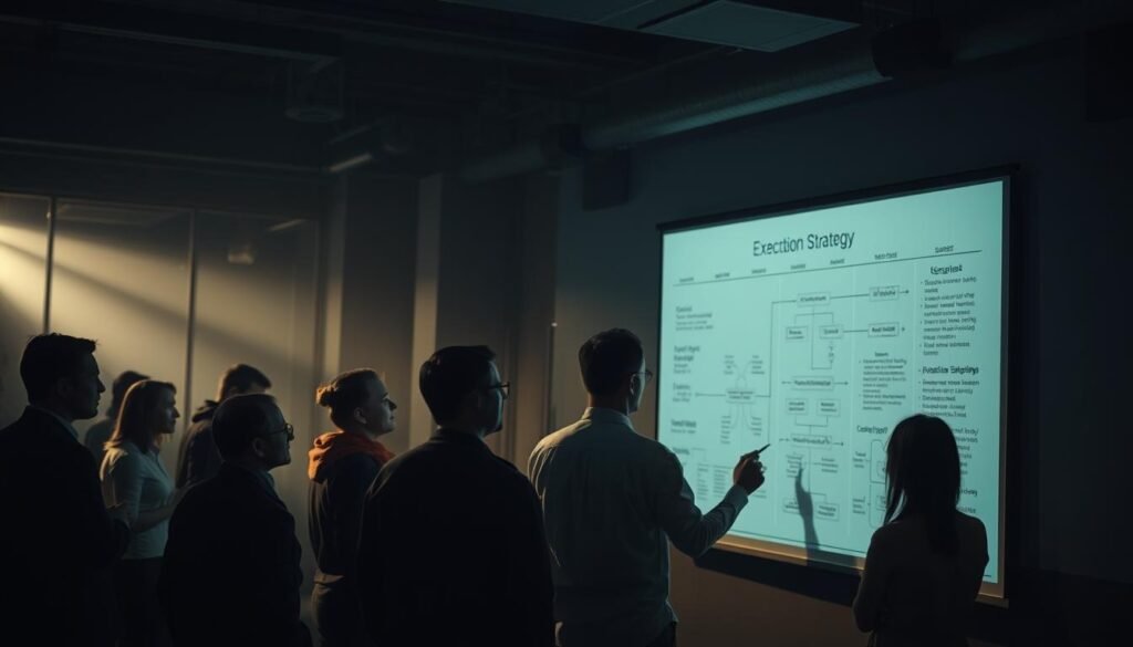 A bustling corporate office, dimly lit with moody shadows. In the foreground, a team of professionals earnestly discussing an execution strategy, sketching out a detailed implementation methodology on a wall-mounted whiteboard. Mid-ground, a large projection screen displays a complex flow chart, guiding their collective efforts. The background fades into a hazy, pensive atmosphere, suggesting the weight and gravity of the task at hand. Dramatic chiaroscuro lighting casts dramatic shadows, lending a sense of intensity and focus to the scene. A 50mm lens captures the scene with a shallow depth of field, drawing the viewer's eye to the central discussion.