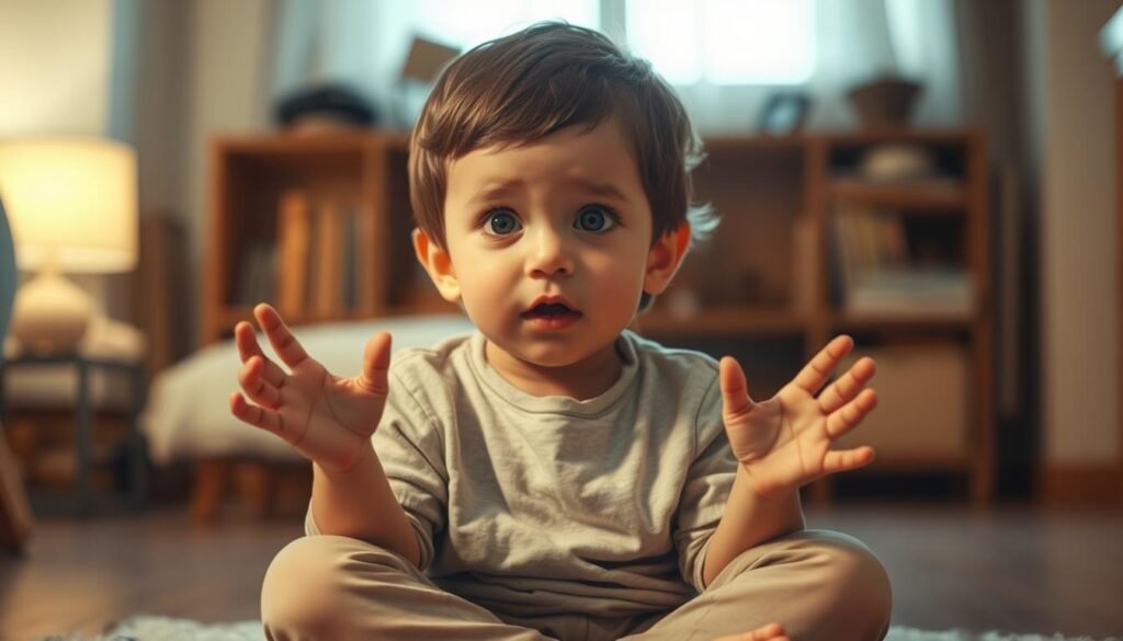 A child sitting cross-legged on the floor, their hands gesturing expressively as they speak. The lighting is soft and warm, casting a gentle glow on their face, revealing a thoughtful, slightly distracted expression. The background is blurred, creating a sense of focus on the child's speech patterns - the subtle pauses, repetitions, and unique inflections that characterize autism spectrum disorder. The camera angle is slightly elevated, giving a sense of observation and empathy. The overall mood is one of understanding and patience, capturing the unique challenges and nuances of autistic speech development.