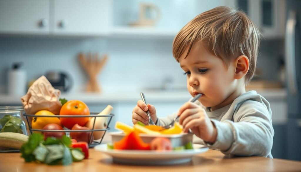 A child with autism seated at a table, intently focused on their meal. The scene is brightly lit, with soft, diffused lighting creating a warm, inviting atmosphere. In the foreground, the child's hands delicately manipulate utensils, demonstrating their developing practical skills. The middle ground features a variety of healthy, colorful food items, arranged in an appealing manner to encourage engagement. The background depicts a calm, serene kitchen setting, with minimal distractions to allow the child to concentrate on the task at hand. The overall composition conveys a sense of progress, highlighting the child's growing independence and mastery of mealtime activities. A child with autism seated at a table, intently focused on their meal. The scene is brightly lit, with soft, diffused lighting creating a warm, inviting atmosphere. In the foreground, the child's hands delicately manipulate utensils, demonstrating their developing practical skills. The middle ground features a variety of healthy, colorful food items, arranged in an appealing manner to encourage engagement. The background depicts a calm, serene kitchen setting, with minimal distractions to allow the child to concentrate on the task at hand. The overall composition conveys a sense of progress, highlighting the child's growing independence and mastery of mealtime activities.