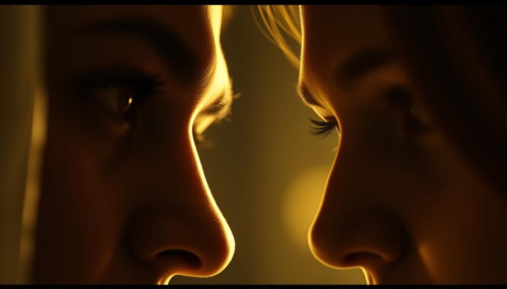 A close-up view of two people's eyes locked in intense eye contact, capturing the challenge and tension of nonverbal communication. The faces are partially obscured, emphasizing the focus on the eyes. Soft, warm lighting casts a gentle glow, creating an intimate and introspective atmosphere. The background is blurred, drawing the viewer's attention solely to the captivating exchange of gazes. The image conveys the importance of eye contact in understanding nonverbal cues and the subtle complexities that can arise in interpersonal interactions. A close-up view of two people's eyes locked in intense eye contact, capturing the challenge and tension of nonverbal communication. The faces are partially obscured, emphasizing the focus on the eyes. Soft, warm lighting casts a gentle glow, creating an intimate and introspective atmosphere. The background is blurred, drawing the viewer's attention solely to the captivating exchange of gazes. The image conveys the importance of eye contact in understanding nonverbal cues and the subtle complexities that can arise in interpersonal interactions.