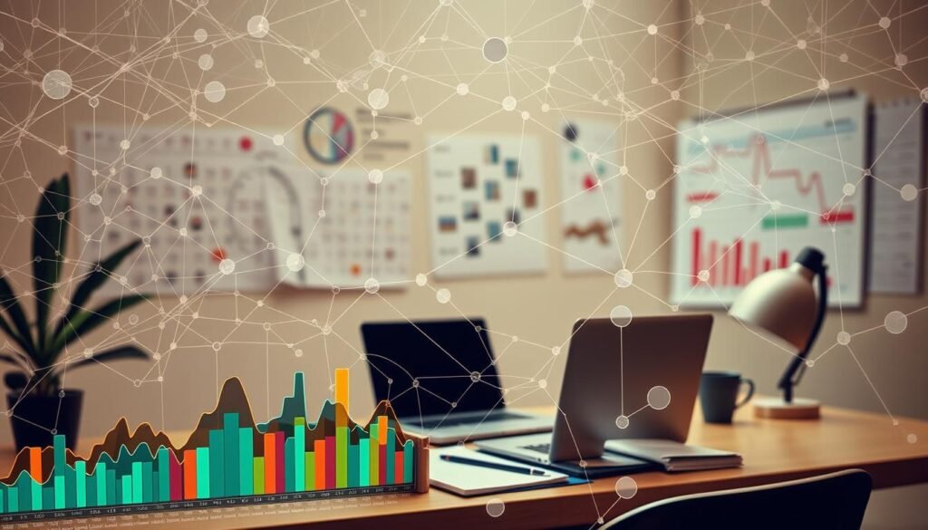 A complex web of interconnected energy patterns, tracking the rhythms of time management and productivity. In the foreground, a series of colorful graphs and data visualizations, capturing the ebb and flow of focus, task completion, and task prioritization. In the middle ground, a desk with various productivity tools - a laptop, a planner, and a cup of coffee, all nestled within a minimalist, well-lit workspace. The background features a soft, blurred landscape of overlapping timelines, calendars, and schedules, creating a sense of organized chaos. Warm, muted tones and a slight vignette effect lend an atmospheric, reflective quality to the scene, inviting the viewer to ponder their own workflow and productivity patterns.