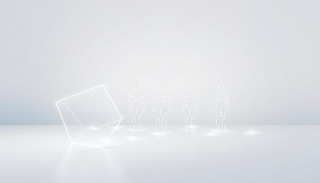 A contemporary, minimalist illustration of an outcomes-based management framework for distributed teams. In the foreground, clean geometric shapes representing key principles - transparency, accountability, and collaboration. In the middle ground, digital wireframe figures symbolizing remote workers, connected by glowing lines. The background features a neutral gradient, creating a sense of depth and focus. Soft, even lighting illuminates the scene, conveying a professional, tech-forward aesthetic. The overall composition suggests a cohesive, results-driven approach to managing hybrid work environments.