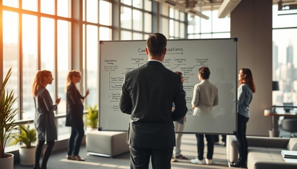 A corporate office interior with a whiteboard showcasing a framework for workplace communication strategies. The scene is bathed in warm, natural lighting from large windows, creating a professional yet inviting atmosphere. In the foreground, the whiteboard displays a clear, well-organized visual model with distinct sections for different communication methods, channels, and best practices. Employees are gathered around the whiteboard, engaged in discussion and collaboration. The middle ground features modern office furniture and decor, promoting a productive and collaborative work environment. The background shows the cityscape outside, blurred to keep the focus on the whiteboard and the team.