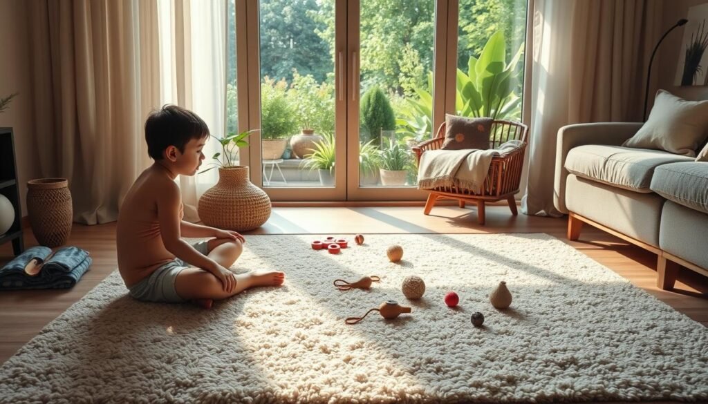 A cozy morning scene of a sensory-seeking individual engaging in a calming routine. In the foreground, soft natural light filters through sheer curtains, illuminating a plush tactile rug where the person sits cross-legged, fingers tracing the textured surface. On a low table, an assortment of sensory toys - fidget spinners, weighted blankets, and textured objects - invite exploration. The mid-ground features a large window overlooking a lush garden, the greenery and birdsong providing soothing visual and auditory stimuli. Warm wooden furniture and muted earth-toned accents create a harmonious, grounding atmosphere. Gentle background music or the hum of a white noise machine add to the peaceful ambiance, enabling the person to engage their senses in a mindful, restorative morning routine.