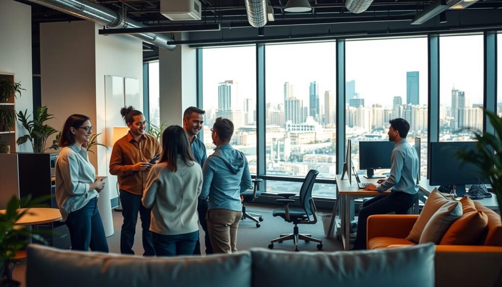 A cozy, well-lit office space with an atmosphere of trust and collaboration. In the foreground, a group of diverse professionals engaged in a lively discussion, their body language conveying openness and mutual understanding. The middle ground features ergonomic workstations and a relaxed lounge area, promoting physical and mental well-being. In the background, a large window overlooks a vibrant city skyline, symbolizing the broader societal impact of a psychologically safe work environment. Soft lighting, warm tones, and a sense of inclusivity permeate the scene, reflecting the cultural foundation of the workplace.