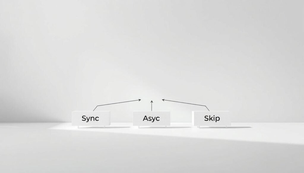 A crisp, clean visualization of a decision framework, set against a minimalist backdrop. In the foreground, three distinct paths converge - one labeled "Sync", one "Async", and the third "Skip". Each path is represented by a clean, geometric shape, suggesting the clarity and structure of the framework. Muted, monochromatic tones create a sense of focus and thoughtfulness. Subtle highlights and shadows add depth and dimension, while the overall composition conveys a sense of balance and professionalism. The image evokes a methodical, analytical approach to meeting management, inviting the viewer to engage with the conceptual framework.