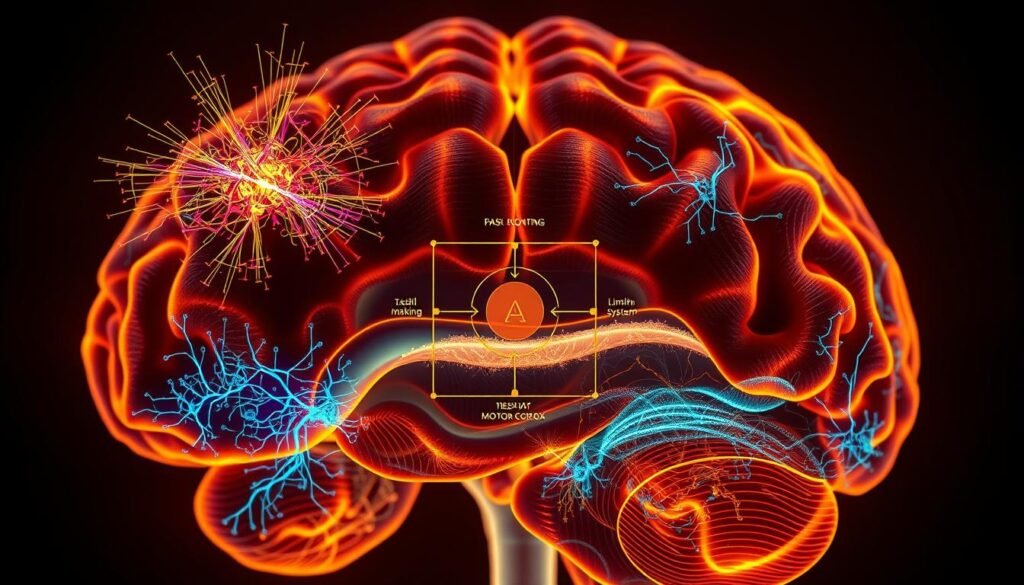 A detailed cross-section view of the human brain, illuminated by a warm, focused light. In the foreground, visualizations of neurological activation patterns during task initiation, with bursts of electrical signals, colorful synaptic connections, and intricate neural networks. In the middle ground, a schematic representation of the psychological processes involved, such as decision-making, planning, and motivation. The background depicts the overall brain anatomy, with key regions like the prefrontal cortex, limbic system, and motor cortex clearly visible. The composition conveys a sense of scientific precision and the complex interplay between the mind and the physical substrate of the brain.