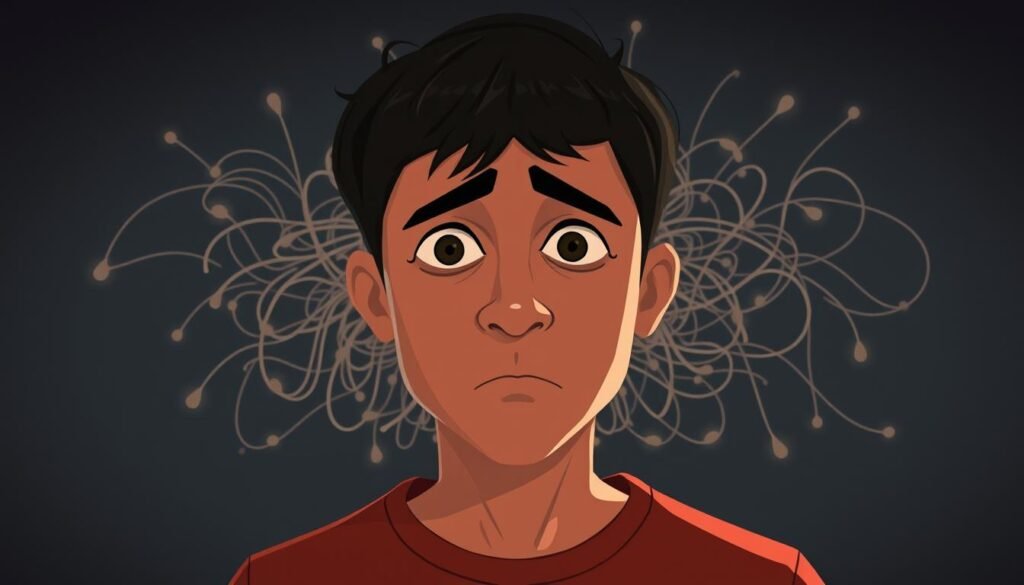 A detailed illustration of autism communication processing differences. In the foreground, a person's head and shoulders, their facial expression conveying confusion and difficulty processing sensory information. Their eyes have a slightly unfocused gaze, highlighting the challenges with sensory integration. The middle ground features a swirling, abstract pattern of shapes and lines, representing the complex neural pathways and cognitive processing differences associated with autism. The background is dimly lit, with a subtle, muted color palette to evoke a sense of introspection and the internal experience of navigating communication challenges. The overall scene conveys the unique processing differences that individuals with autism encounter when engaging in social interaction and communication.
