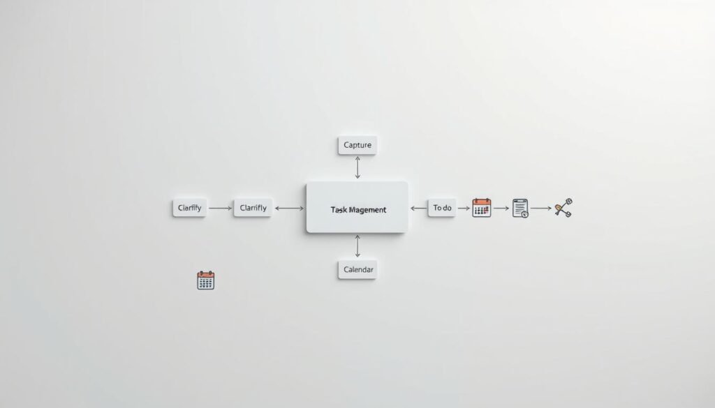 A detailed task management workflow diagram set against a clean, minimalist background. In the foreground, a central process flow with distinct stages - capture, clarify, calendar - represented by clear geometric shapes. Surrounding this, smaller supporting elements like calendars, to-do lists, and productivity icons, all rendered in a muted color palette. Lighting is soft and diffused, creating depth and emphasizing the diagram's structure. The overall mood is one of organization, efficiency, and a pragmatic approach to managing tasks and projects.