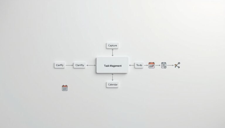 A detailed task management workflow diagram set against a clean, minimalist background. In the foreground, a central process flow with distinct stages - capture, clarify, calendar - represented by clear geometric shapes. Surrounding this, smaller supporting elements like calendars, to-do lists, and productivity icons, all rendered in a muted color palette. Lighting is soft and diffused, creating depth and emphasizing the diagram's structure. The overall mood is one of organization, efficiency, and a pragmatic approach to managing tasks and projects.