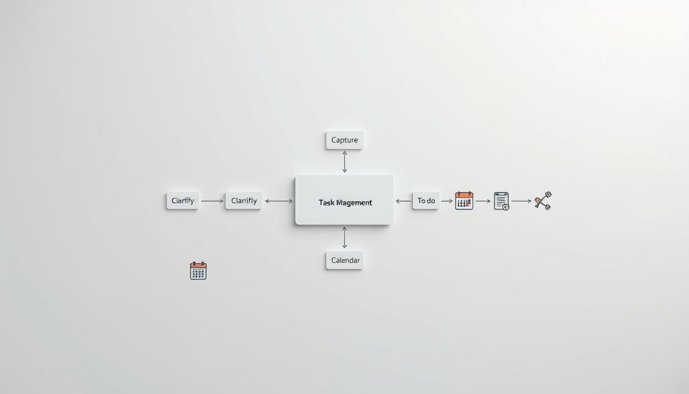 A detailed task management workflow diagram set against a clean, minimalist background. In the foreground, a central process flow with distinct stages - capture, clarify, calendar - represented by clear geometric shapes. Surrounding this, smaller supporting elements like calendars, to-do lists, and productivity icons, all rendered in a muted color palette. Lighting is soft and diffused, creating depth and emphasizing the diagram's structure. The overall mood is one of organization, efficiency, and a pragmatic approach to managing tasks and projects.
