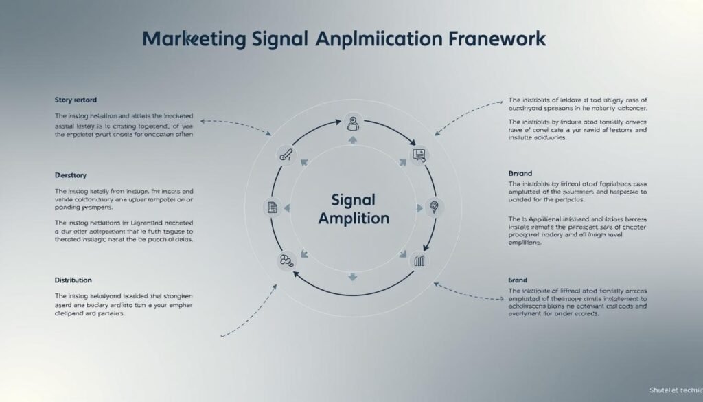 A detailed, technical diagram depicting the "Marketing Signal Amplification Framework". The central diagram showcases a circular flow of key components: Story, Brand, and Distribution, connected by arrows indicating the cyclical nature of the framework. The foreground features clean, minimalist iconography and data visualizations to illustrate each component. The middle ground contains brief, explanatory captions. The background is a soft, muted gradient in subtle, professional colors, creating a sense of depth and balance. Lighting is soft and even, with a subtle vignette effect. The overall impression is one of a well-structured, informative visual guide to understanding the signal amplification process.