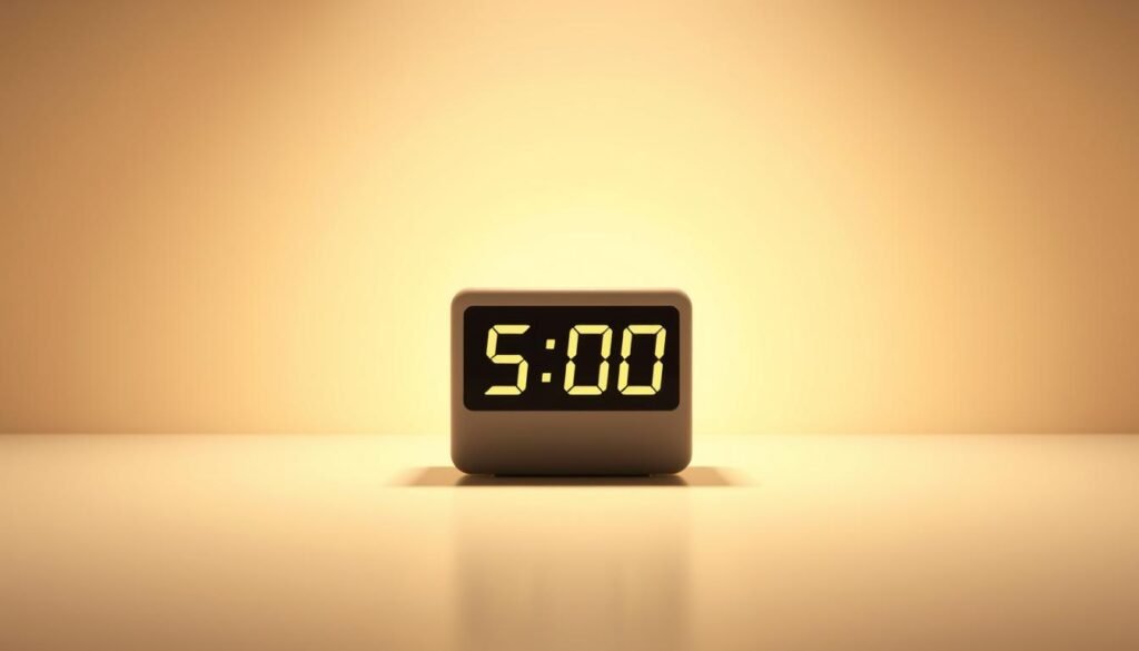 A digital countdown timer display showing "5:00" against a minimalist white background. The timer is positioned in the center of the frame, casting a soft shadow below. The scene is illuminated by a warm, diffused light, creating a clean, focused atmosphere. The timer's digits are rendered in a modern, legible typeface, with a subtle glow effect that draws the eye. The overall composition conveys a sense of anticipation and readiness, perfectly suited to illustrate the "Five-Minute Start Method" for the article on focused execution.