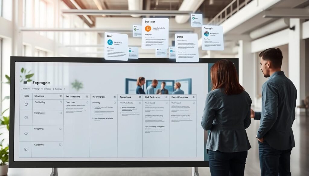 A digital task board set against a sleek, minimalist workspace. In the foreground, a clean, well-organized Kanban-style board with distinct columns for To-Do, In-Progress, and Done tasks. Floating above the board, holographic task cards with vivid iconography and concise descriptions. The middle ground features a team of professionals collaborating around a large curved display, planning and monitoring workflow. The background showcases a modern, open-concept office with abundant natural light, neutral tones, and subtle architectural details that enhance productivity. The overall scene exudes a sense of efficiency, teamwork, and a refined, technology-driven approach to task management.